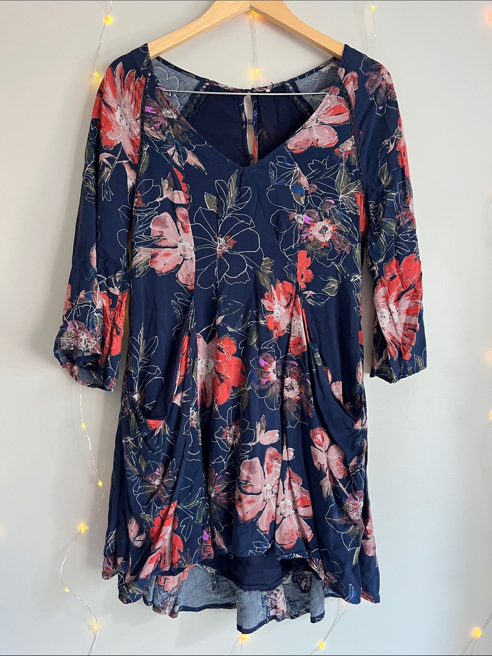 Free People Navy Floral V-Neck Tunic with Pink/Coral Blooms